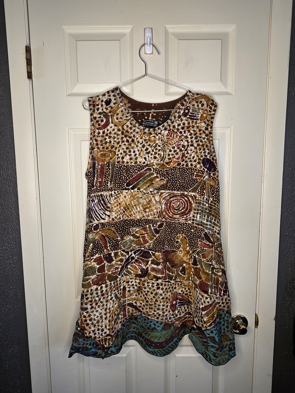 Sleeveless Boho Patchwork Print Dress in Brown and Teal